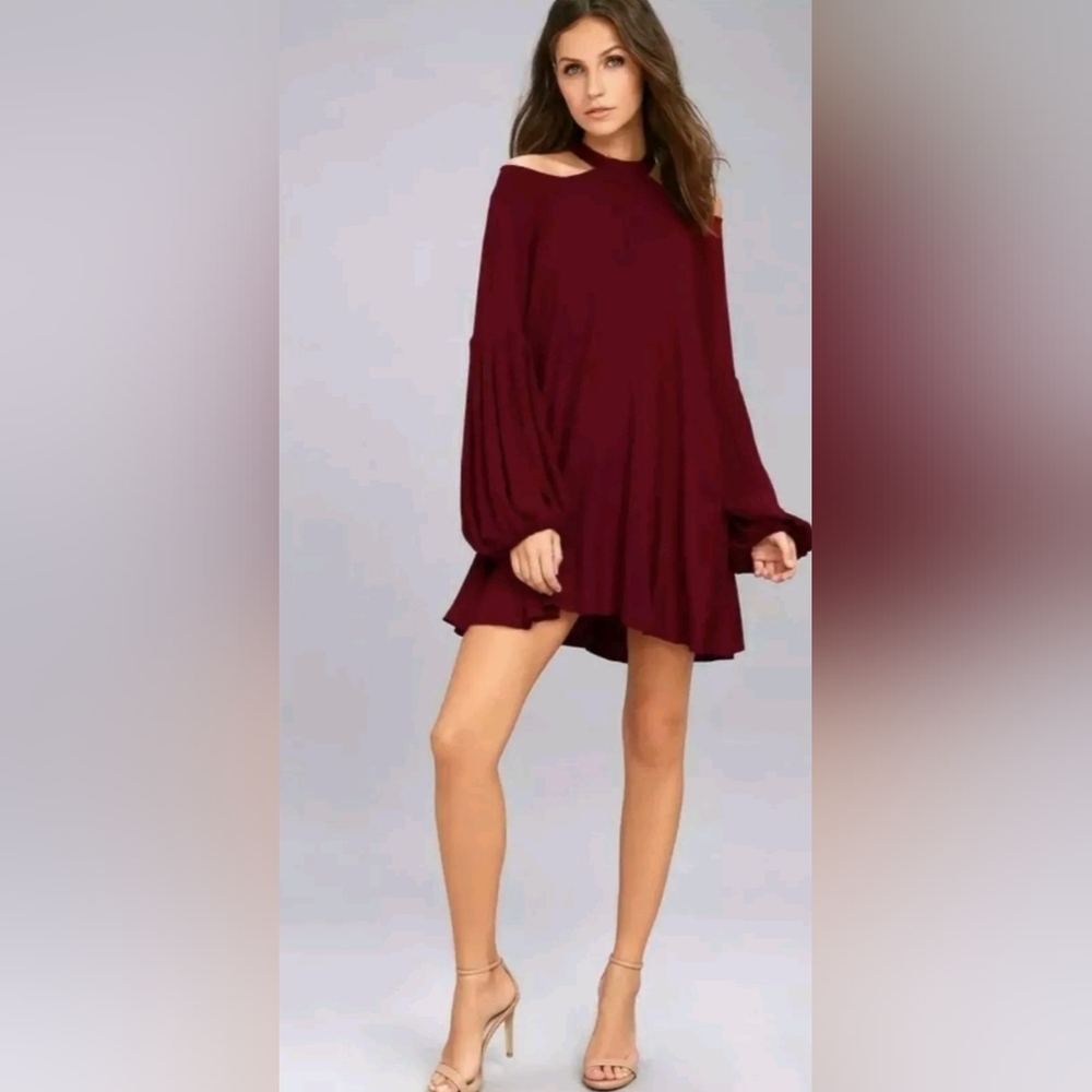 Free People Drift Away Maroon Red Long Sleeve Tunic Dress Size Small Oversized
